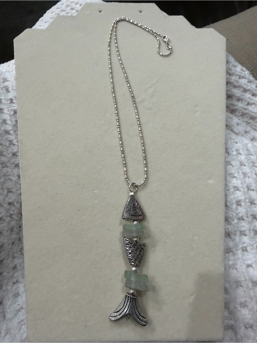 Silver-Tone Green Articulating Stone Fish Pendant Necklace